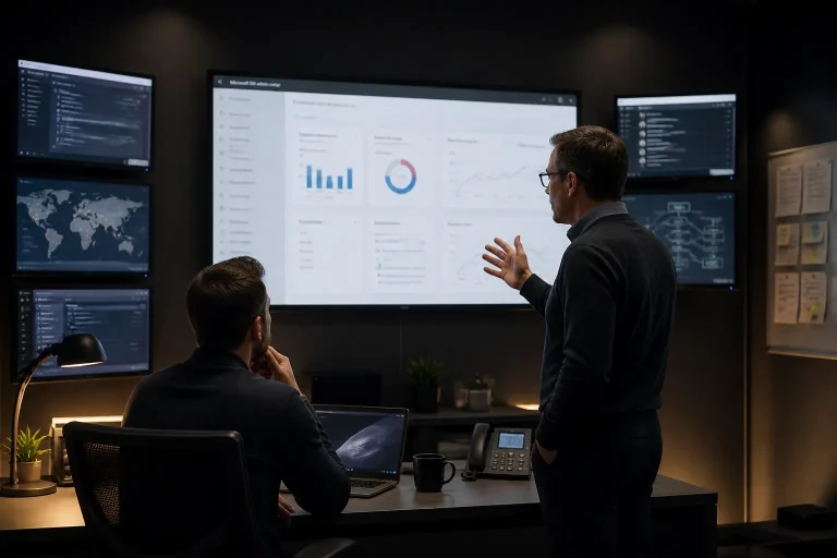 interne it-manager en externe consultant kijken samen naar een groot scherm met microsoft 365 beheerdashboard in een