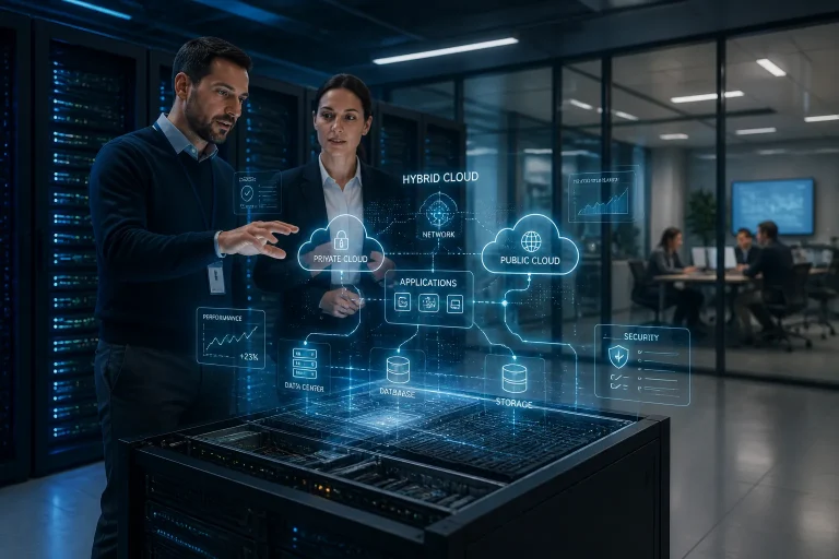 it-manager en businessmanager bekijken holografische kaart van hybride cloud boven serverrack in moderne serverruimte
