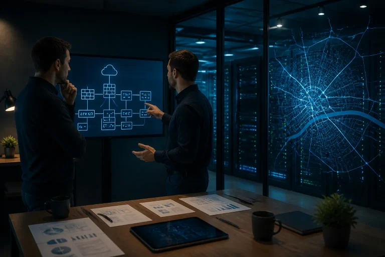 twee it-medewerkers overleggen bij serverracks met een lichtgevende kaart van zwolle op een glazen wand