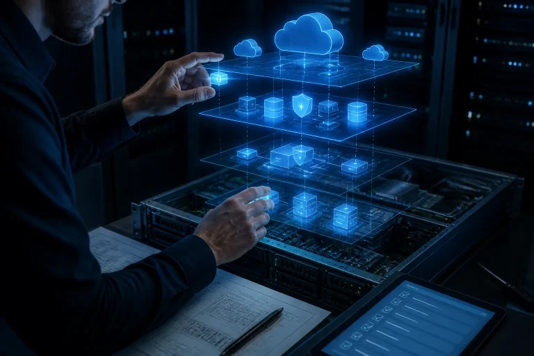 technicus die boven een open serverrack een gelaagde holografische hybride cloudkaart stap voor stap activeert