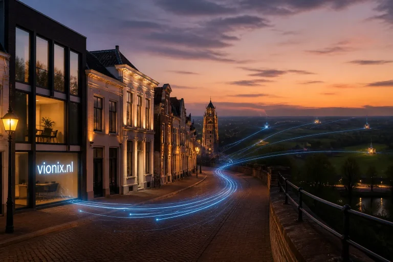 moderne winkelpui in Zwolle met een groot lichtgevend webadres op de ruit in de avond