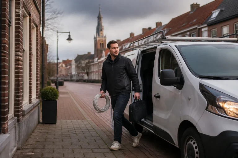 it-monteur met laptoptas en netwerkkabel stapt uit bestelbus in straat in overijssel