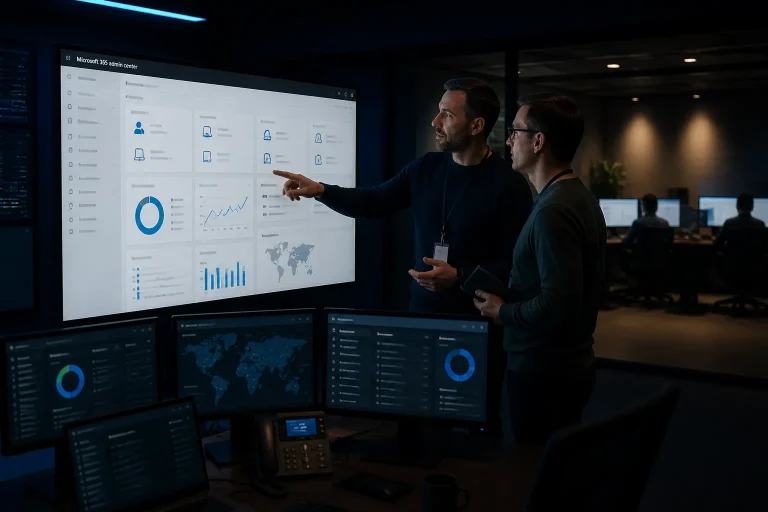 it-beheerders overleggen bij groot scherm met microsoft 365 beheerdashboard in halfdonkere controlekamer